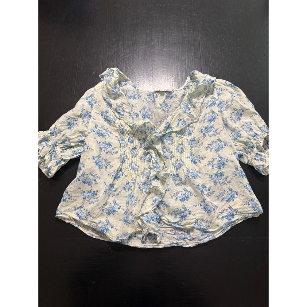 Maison d'Amélie Paris Blue White Floral Ruffle V-Neck Puff Sleeve Blouse Small